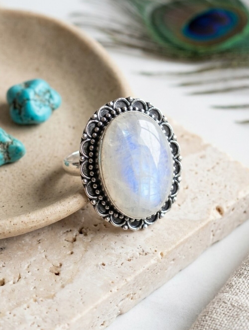 925 Sterling Silver Genuine Moonstone Ring Bohemian Oval Statement Sz 8.75